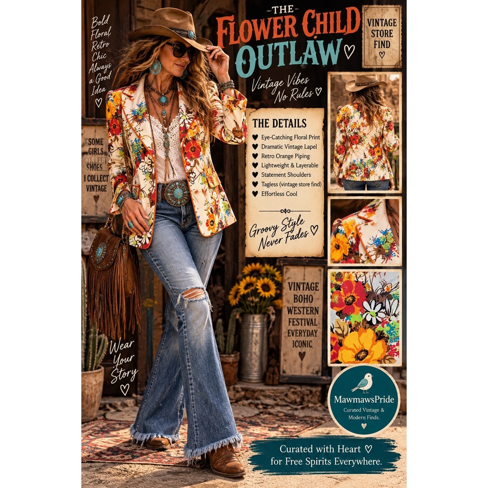 Vintage Floral Blazer Boho Western Flower Child Outlaw Orange Piping Multi Color
